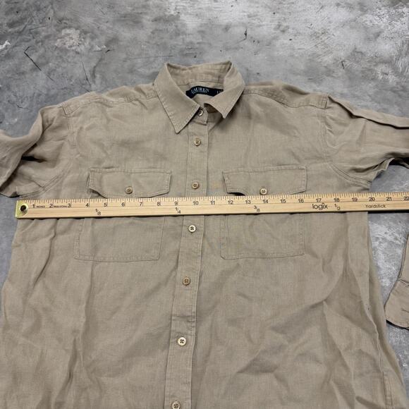 Ralph Lauren Womens Small Beige Solid Button Up Long Sleeve Shirt Pocket Linen - Picture 4 of 6